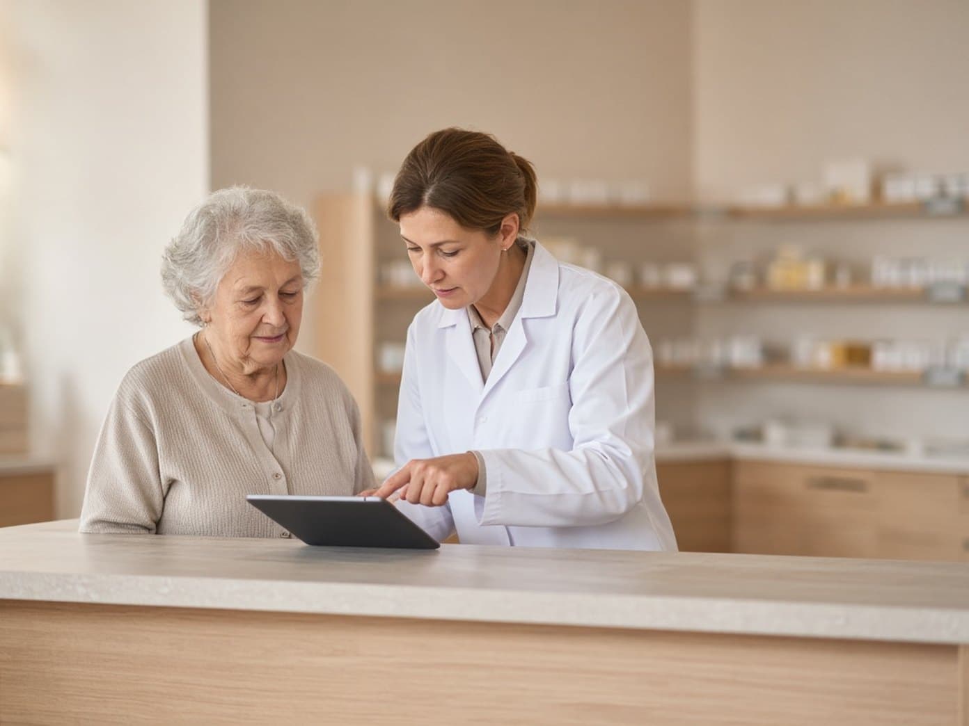 Apothekerin erklärt einer älteren Kundin ihre Werte am Bildschirm