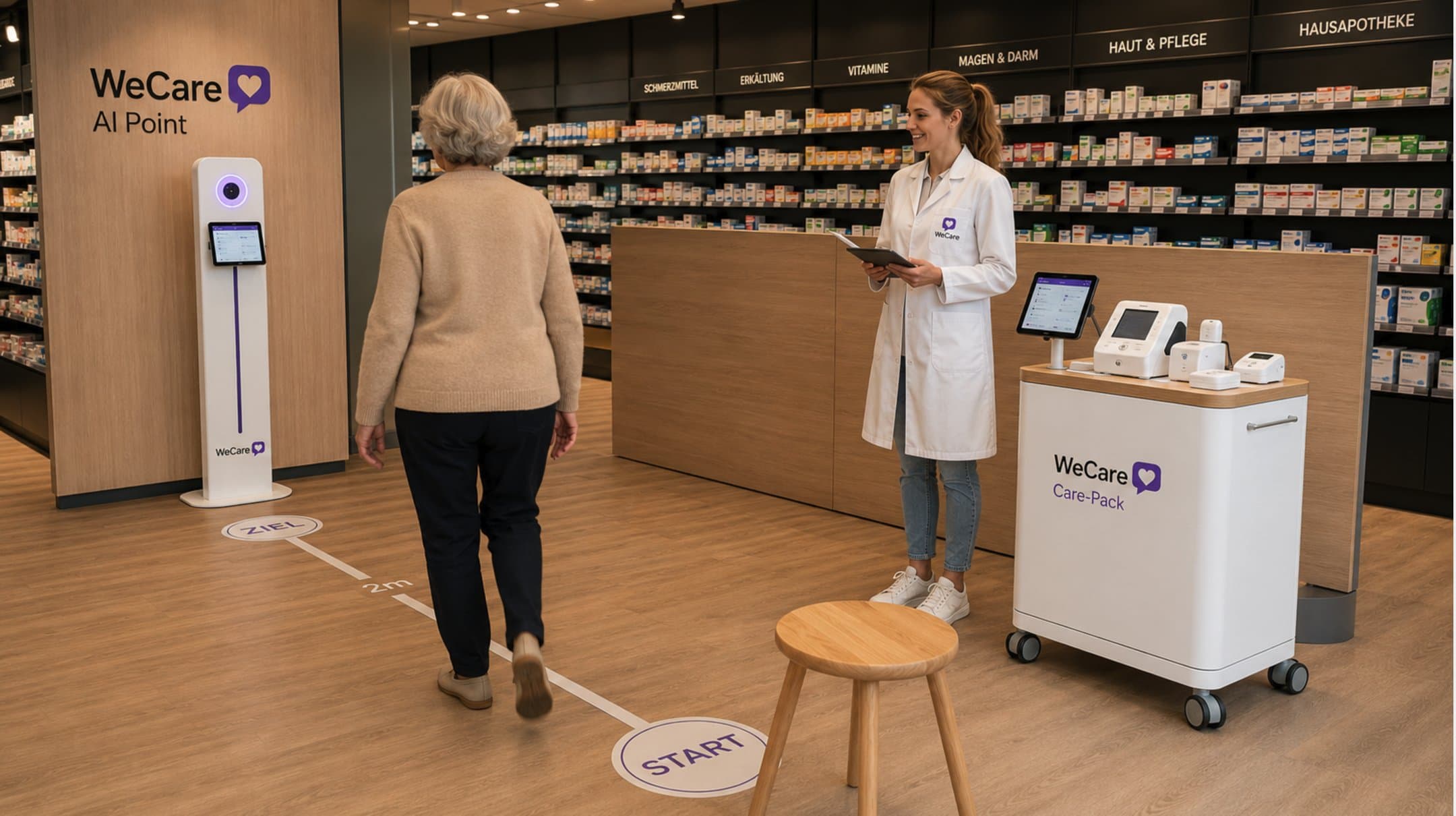 Kurze WeCare Messung in der Apotheke, begleitet von einer Apothekerin