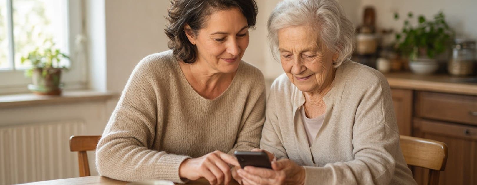 Tochter und Mutter schauen gemeinsam auf ein Handy